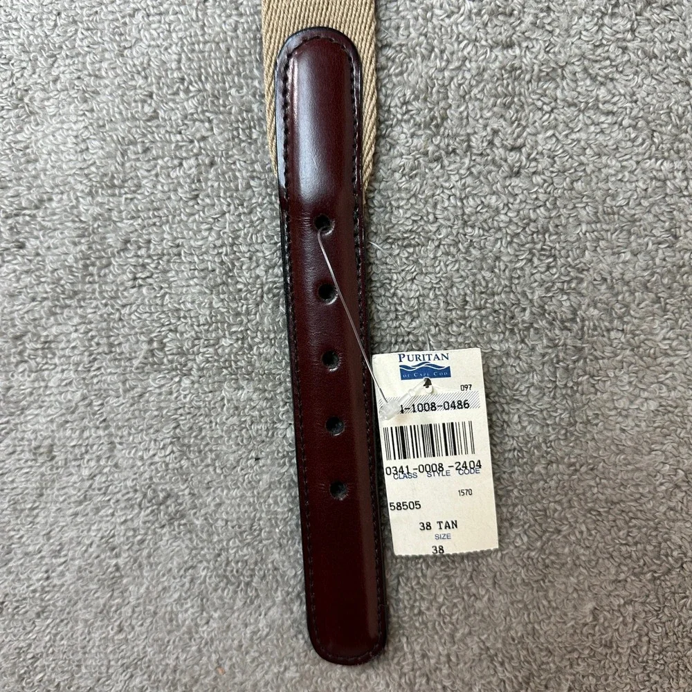NWT Canterbury of New Zealand Mens Web Belt Tan Canvas Burgundy Leather Brass 38